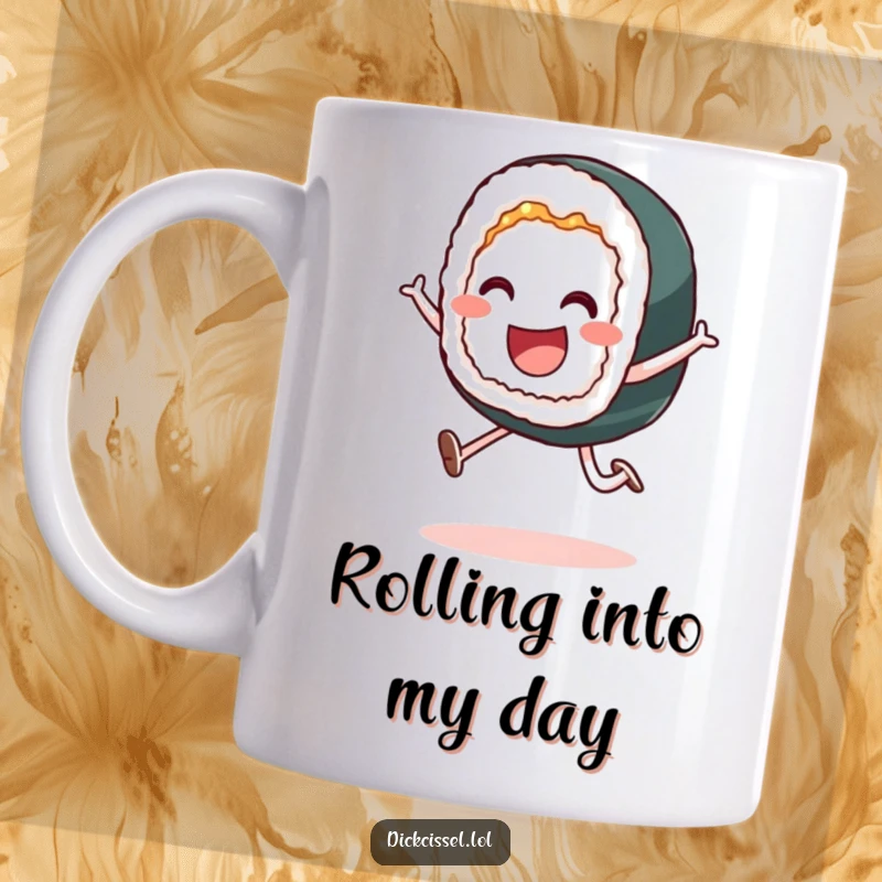 Funny mug with a smiling sushi roll mid-leap, conveying joy and a playful spirit.
