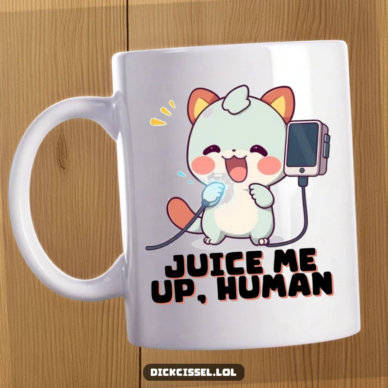 Funny mug showing a cute creature excitedly plugging a glowing electricity cable into a mysterious device, symbolizing energy and innovation.