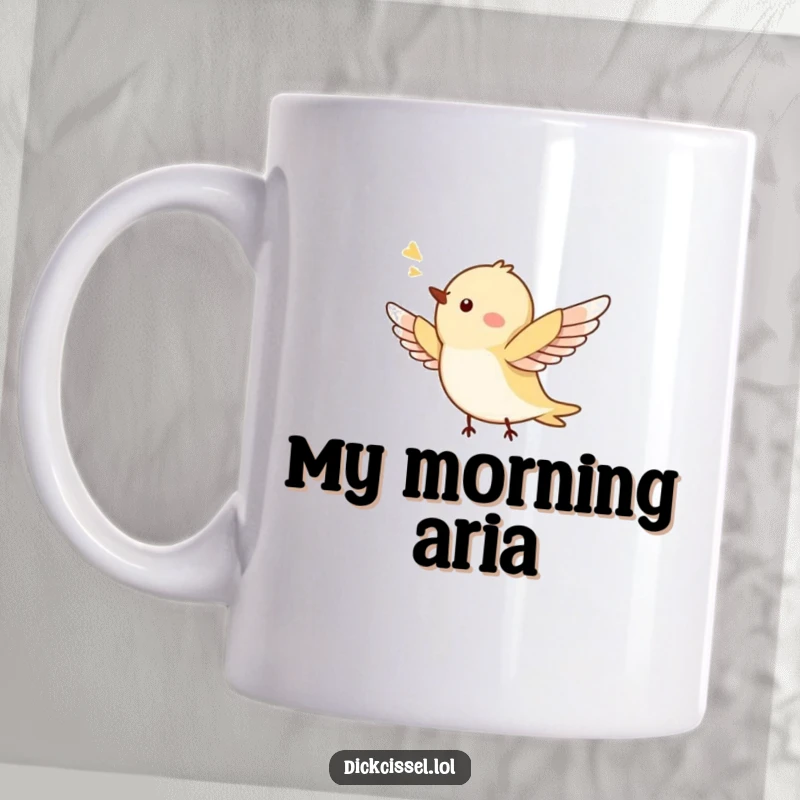 Funny mug with a tiny, happy bird mid-flight, wings spread wide, chirping with pure delight. A cheerful avian illustration.