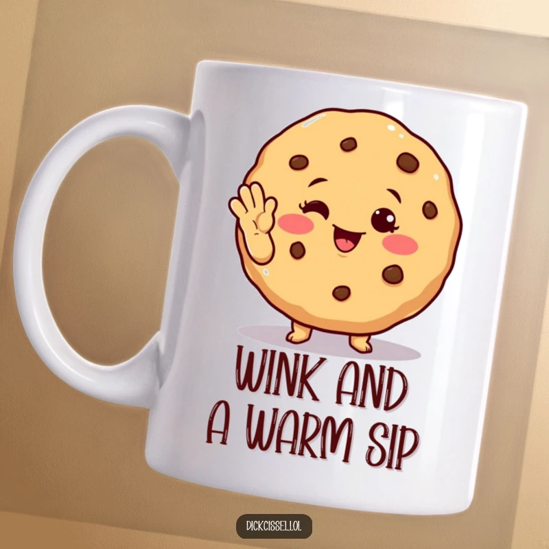 Funny winking cookie mug showing a cheerful cookie character giving a playful wink and a friendly wave, full of warmth.