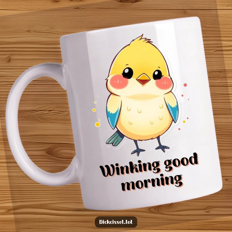 Funny ceramic mug featuring a colorful dickcissel bird shape with a bright splash of color, playfully winking at the viewer.