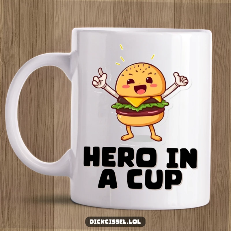 Funny burger character mug striking a heroic pose with a beaming smile, ready to conquer the day, an ideal funny gift.