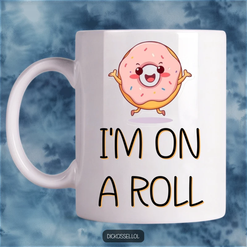 Funny mug with a cheerful doughnut character performing a happy jig, spreading sweetness and joy.