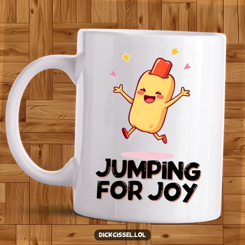 Funny hot dog character mug doing a celebratory jump with a big smile, radiating pure joy and excitement, an ideal funny gift.