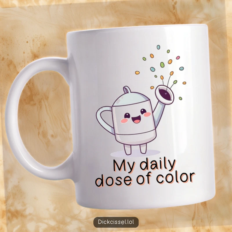 Funny watering can character spraying a vibrant, colorful rainbow with a happy expression, perfect for garden lovers.