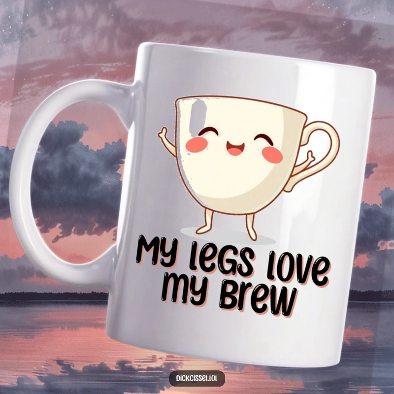 Funny dancing teacup mug with tiny legs doing a joyful jig, full of energy and cheer, perfect for a smile.