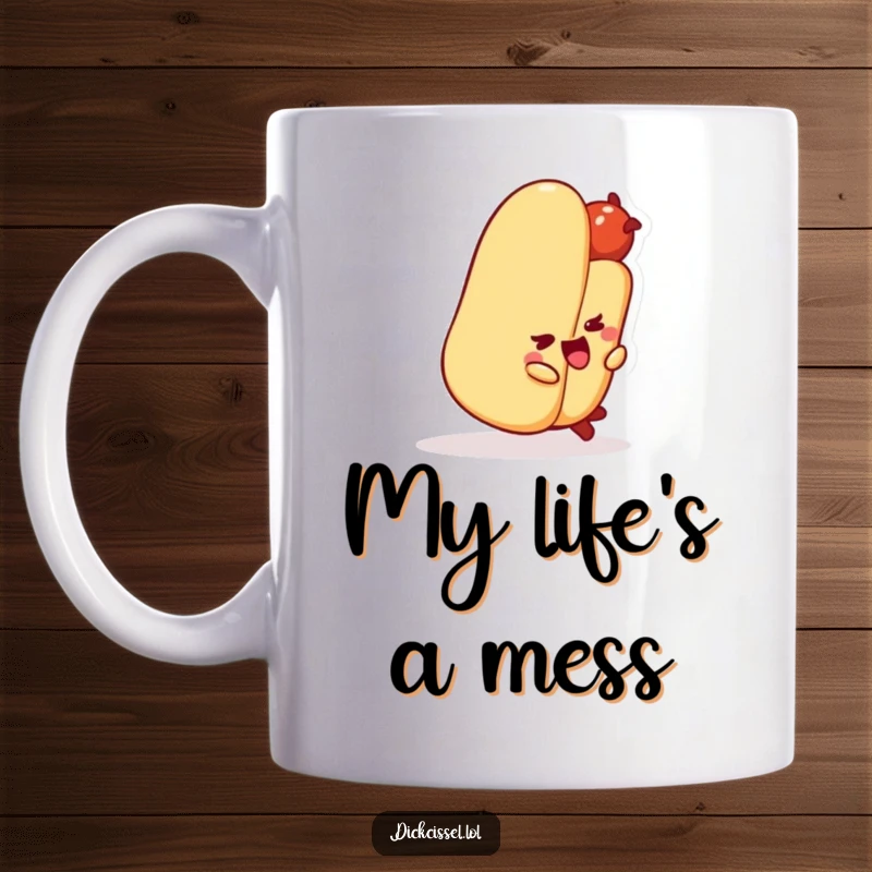 Funny hot dog character humorously tripping over its own bun on a coffee mug, perfect for a laugh.
