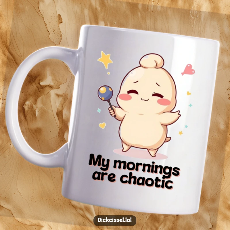Funny winking dumpling character humorously failing at juggling on a coffee mug, bringing a smile.