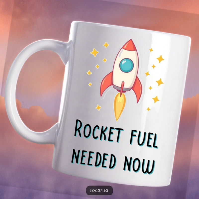 Funny rocket mug blasting off with a vibrant trail of stars, celebrating cosmic journeys.