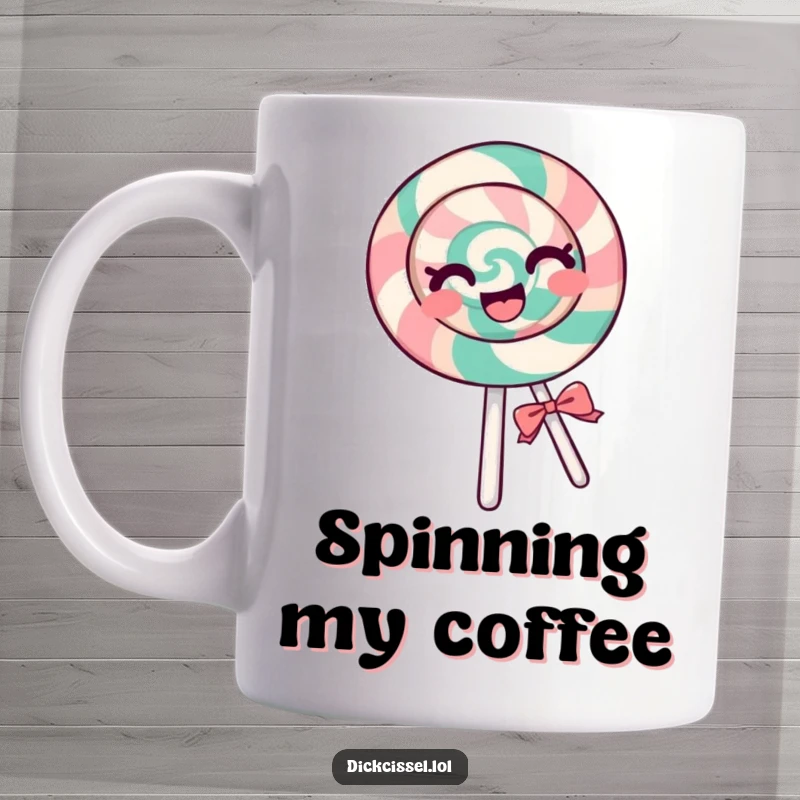 Funny lollipop mug with a cheerful lollipop character spinning around in a circle with pure glee, representing fun and joy.