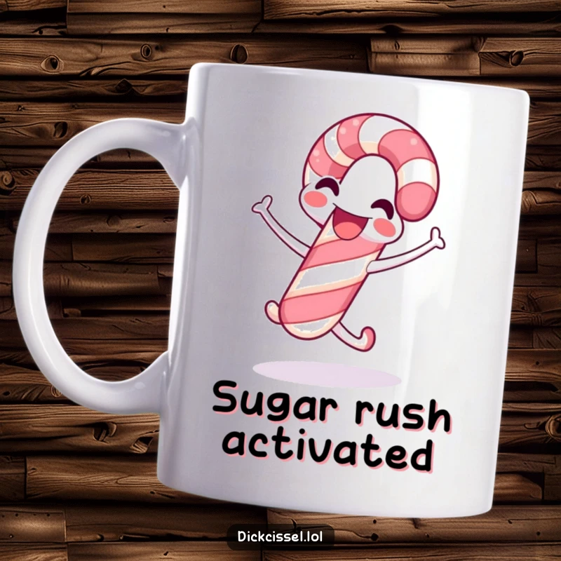 Funny candy cane mug with a smiling candy cane mid-air, celebrating joyfully with a little jump, perfect for Christmas gifting.