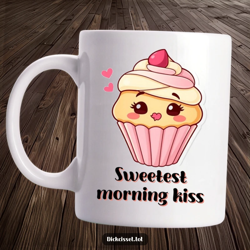 Funny Mug featuring a cute cupcake character blowing a kiss of delicious frosting with a playful and loving expression.