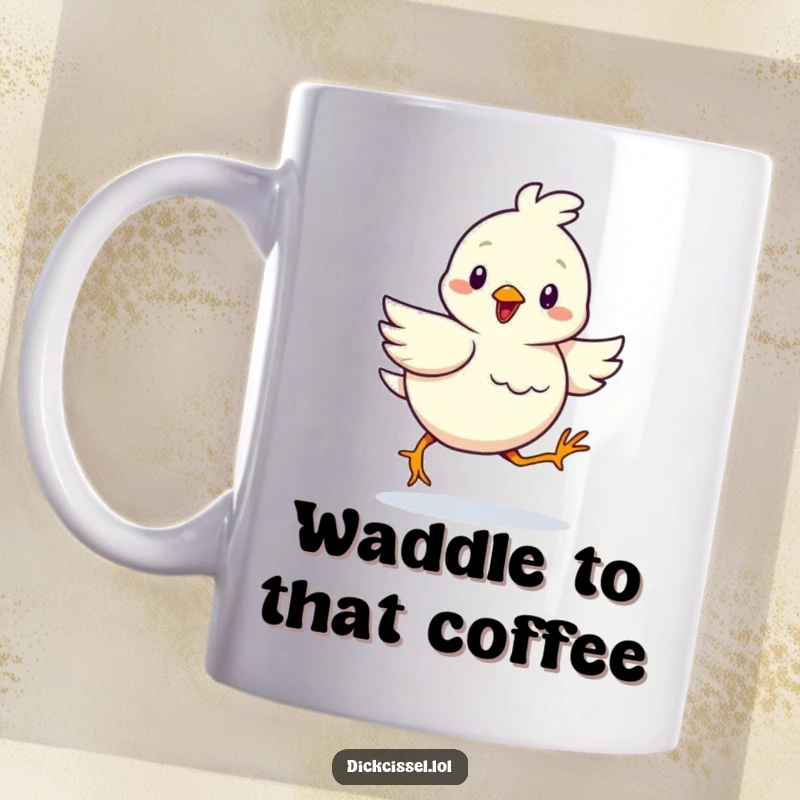 Funny mug featuring a cheerful bird waddling forward with a determined gait, inspiring smiles and motivation.