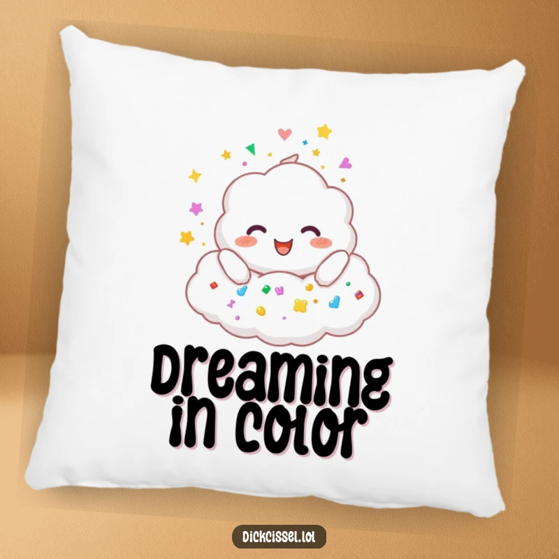 Funny pillow featuring a fluffy cloud character joyfully raining a spectrum of colorful stickers, perfect for cozy spaces.