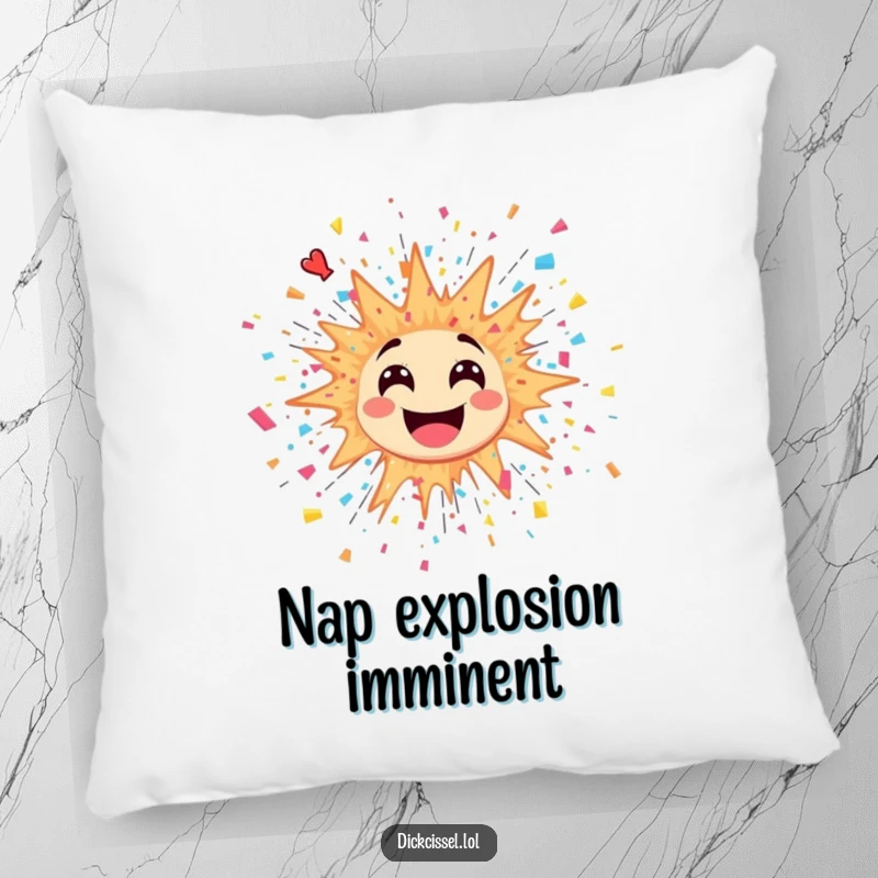 Funny pillow showcasing a sticker of a joyful explosion with colorful confetti and streamers bursting outward.