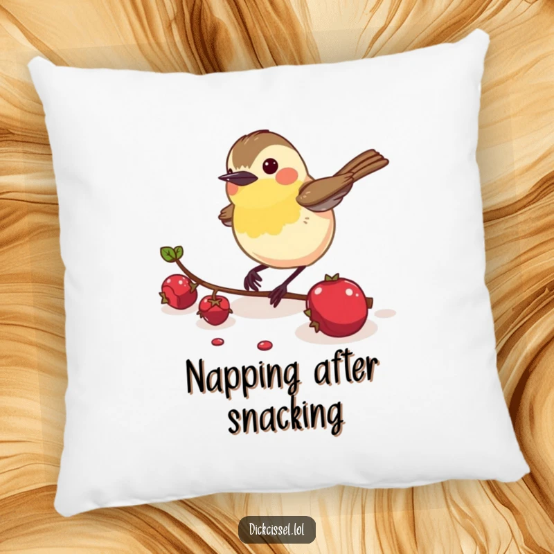 Funny Dickcissel Bird Pillow: A soft pillow showcasing a dickcissel bird energetically pecking at a berry, full of zest.