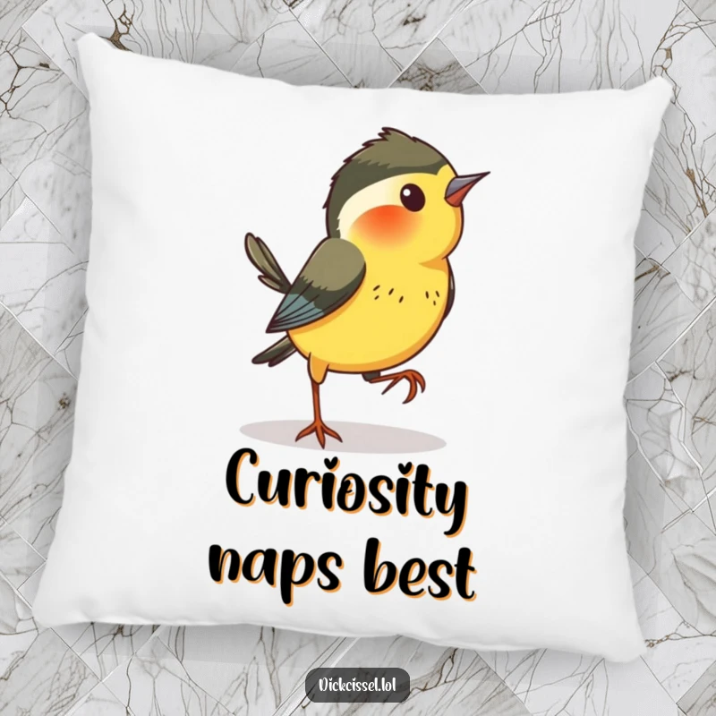 Funny Dickcissel Bird Pillow: A soft pillow showing a dickcissel bird hopping sideways with an inquisitive and playful expression.