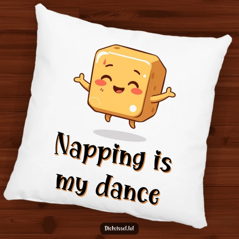 Funny Pillow featuring a smiling caramel cube in a delightful, wobbly dance, perfect for adding sweetness and comfort.