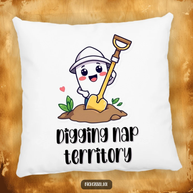 Cozy funny trowel character depicted digging a hole, adding a playful accent to any sofa or chair.