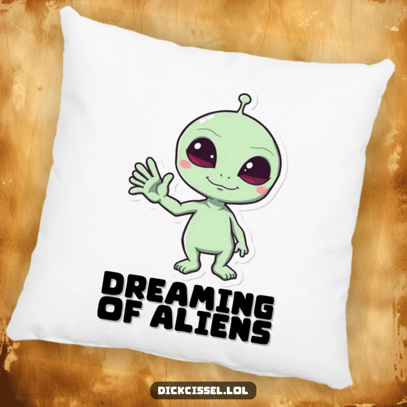 Funny Pillow featuring a mischievous alien giving a funny wave, offering comfort with humorous, cosmic-themed charm.
