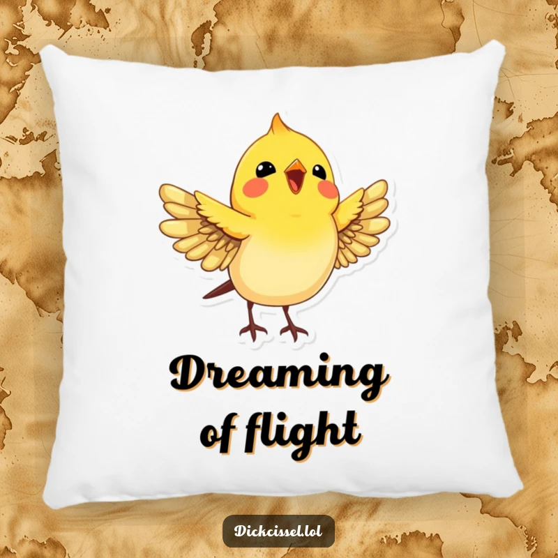 Funny Dickcissel Bird Pillow: A soft pillow showcasing a joyful dickcissel bird with wings spread, looking up happily.