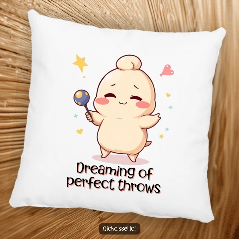 Funny winking dumpling character humorously failing at juggling on a soft pillow, ideal for laughter.