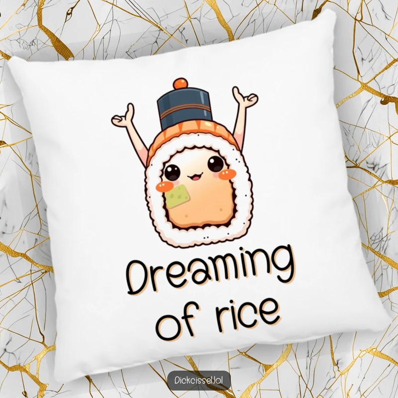 Funny sushi celebration pillow featuring a happy sushi roll with arms up and a tiny hat, soft and decorative.