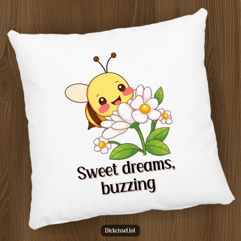 Funny pillow featuring a joyful bee character in flight around a beautiful flower, perfect for adding cozy humor.