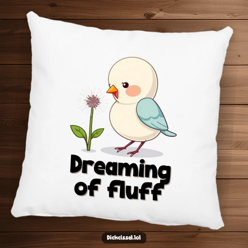 Funny pillow featuring a cute bird humorously pecking at a fluffy dandelion seed head, perfect for cozying up.