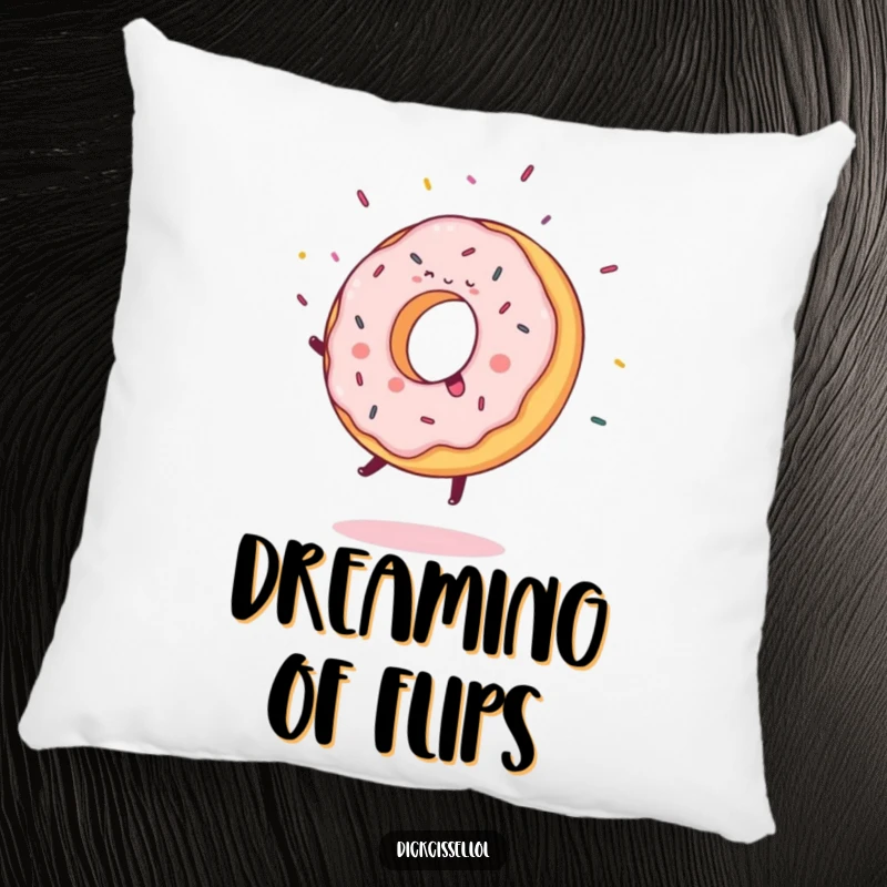 Funny Pillow showcasing a sweet donut joyfully performing a cartwheel, with cheerful flying sprinkles adding charm.