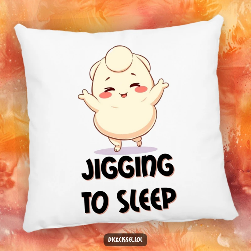 Funny decorative pillow featuring a winking dumpling character in a delightful jig, offering comfort and a playful centerpiece, a wonderful funny gift.
