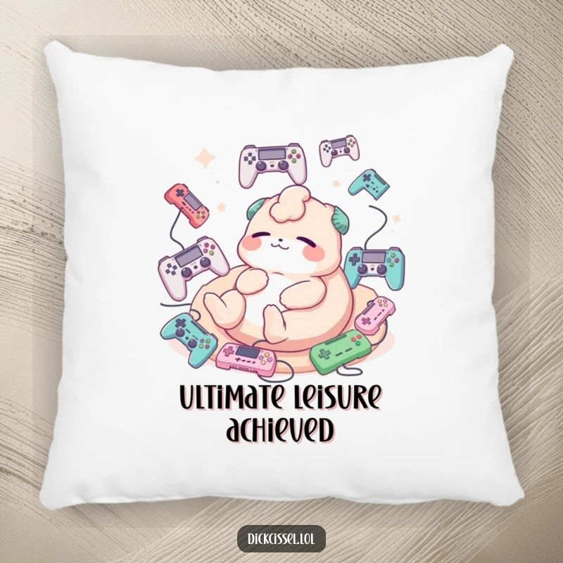 Funny decorative pillow featuring a creature happily lounging, surrounded by floating game controllers.
