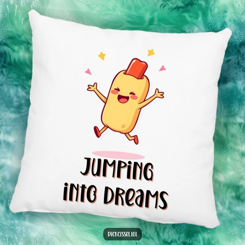 Funny decorative pillow featuring a smiling hot dog character in a mid-air jump, offering comfort and a playful centerpiece, a wonderful funny gift.