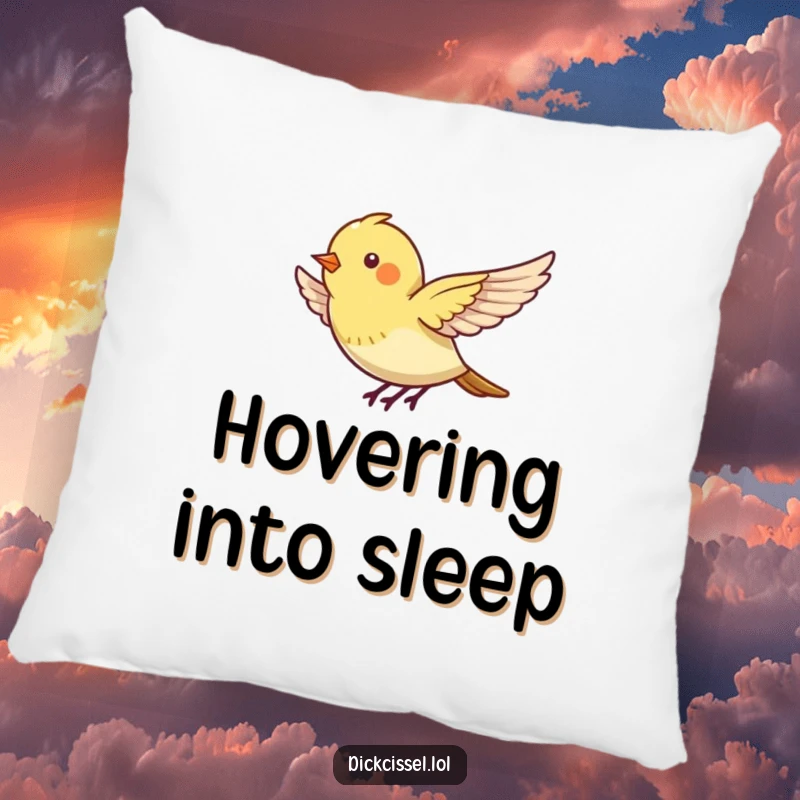 Funny pillow featuring a tiny bird energetically flapping its wings, appearing to hover with playful motion.