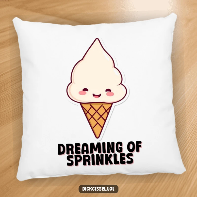 Funny ice cream cone pillow, smiling and offering a cone, for sweet and comfy relaxation.