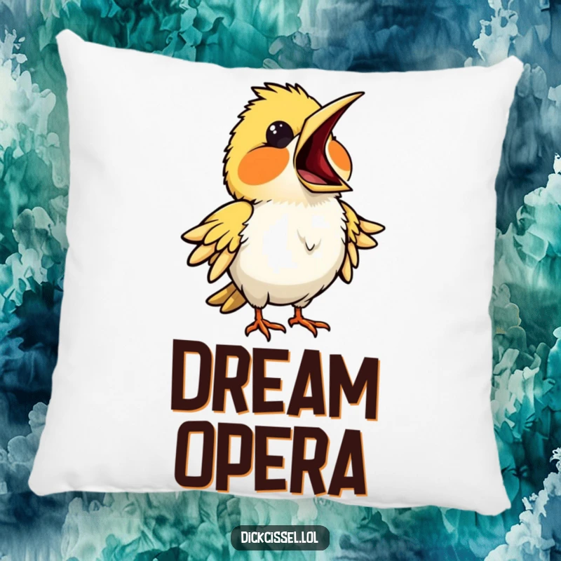 Funny pillow featuring a bird singing opera with its beak wide open, offering comfort and amusement. Soft home accent.