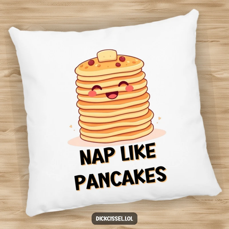 Funny pancake pillow showing a stack of happy pancakes bouncing together, offering comfort and breakfast-themed decor.