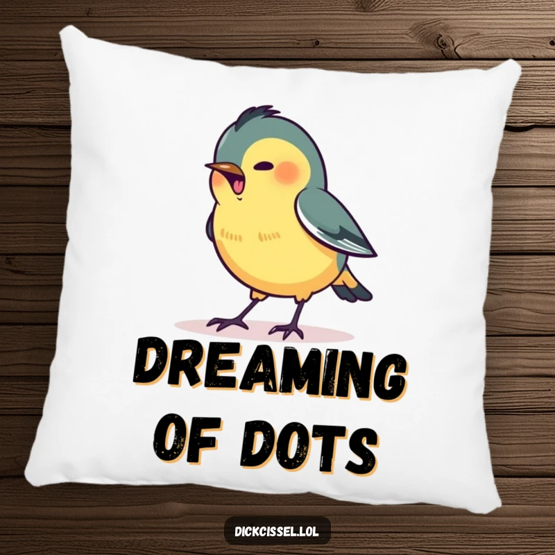 Funny decorative pillow featuring a stylized dickcissel bird excitedly pecking at a tiny, glowing dot.