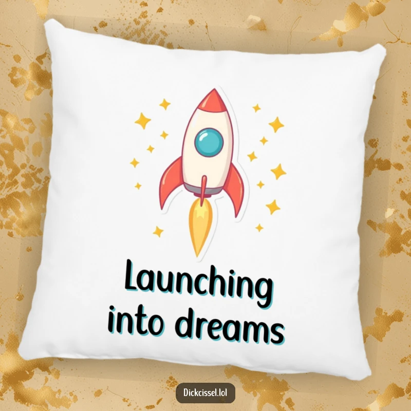 Funny rocket pillow showing a rocket blasting off with stars, providing cozy comfort and adventure.