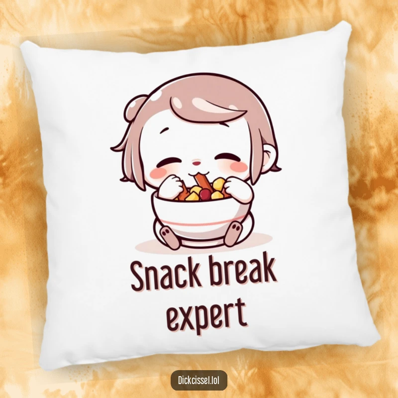 Funny character with cheeks stuffed full of snacks from a bowl, on a soft pillow, bringing comfort and a snack-themed joy.