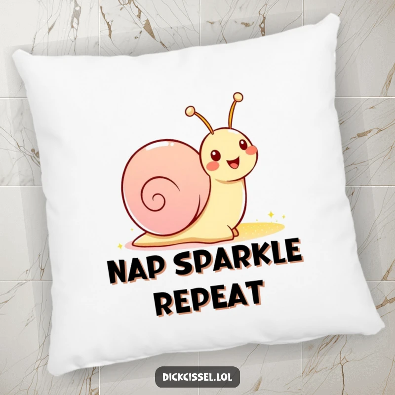 Funny pillow featuring a happy snail character creating a shimmering, sparkly trail, designed for ultimate comfort and playful decor.