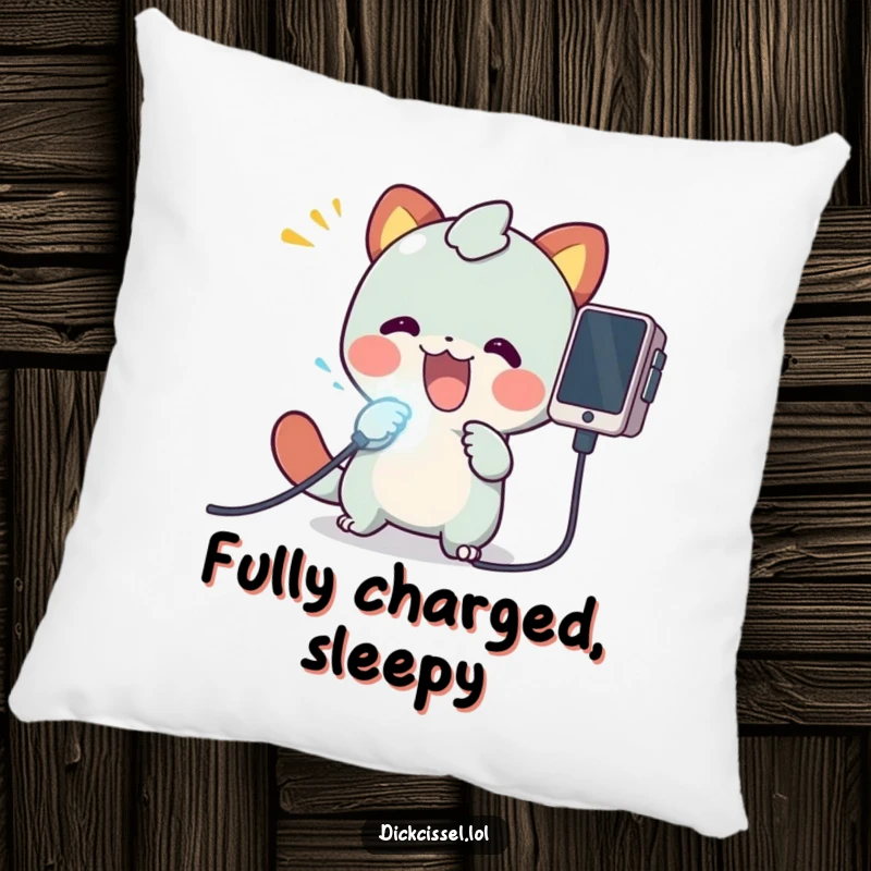 Funny decorative pillow with a cute creature plugging a bright, glowing cable into a device, symbolizing connection and fun.