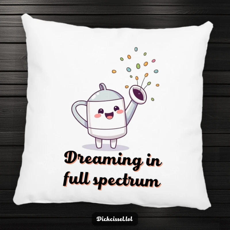 Funny watering can character spraying a beautiful rainbow, perfect for adding a splash of color and joy to any pillow.