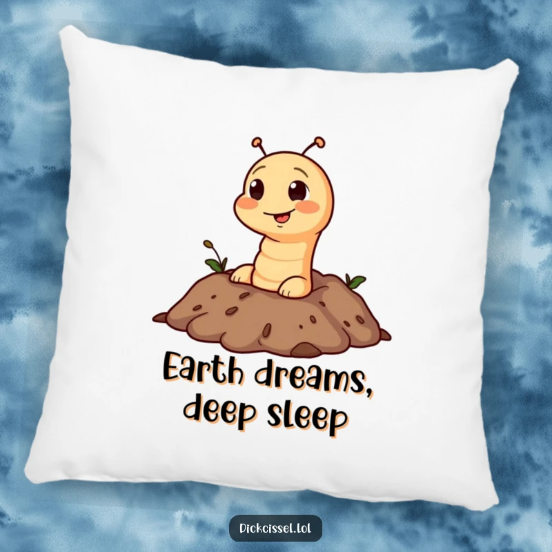 Funny pillow featuring a mischievous worm character popping its head out from a soil pattern, perfect for cozy humor.