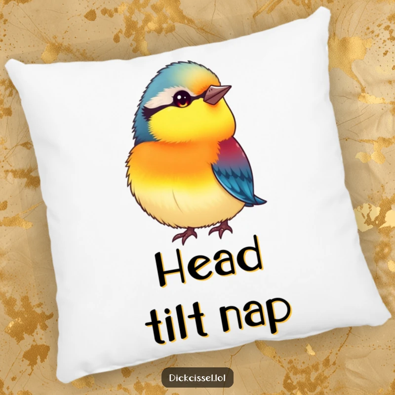 Funny pillow featuring a small, plump bird with vibrant colors, tilting its head inquisitively, offering comfort and humor.