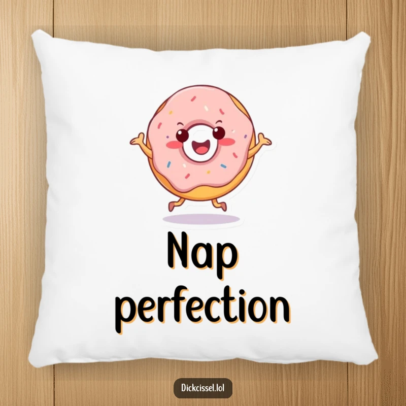 Funny pillow with a cheerful doughnut character doing a happy jig, offering comfort and a dose of sweetness.