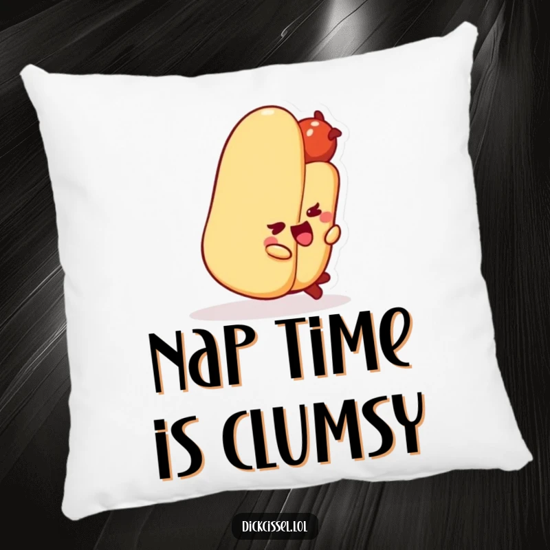 Funny hot dog character humorously tripping over its own bun on a soft pillow, ideal for laughter.