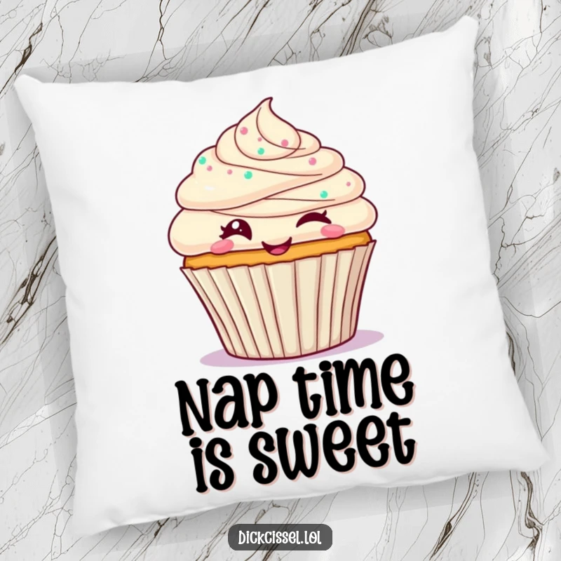Funny cupcake pillow featuring a frosted cupcake cheerfully winking, designed to bring sweet comfort and playful charm to any seating area.