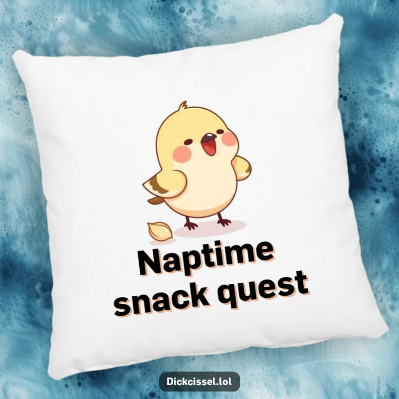 Funny pillow featuring a small bird diligently pecking at an invisible seed, offering comfort and amusement. Soft home accent.