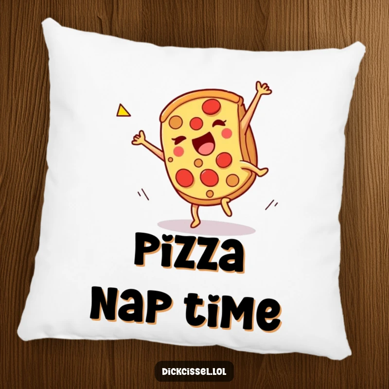 Funny pizza cartwheel pillow, a slice doing a celebratory spin, providing cozy comfort and playful decor. A charming accent piece.